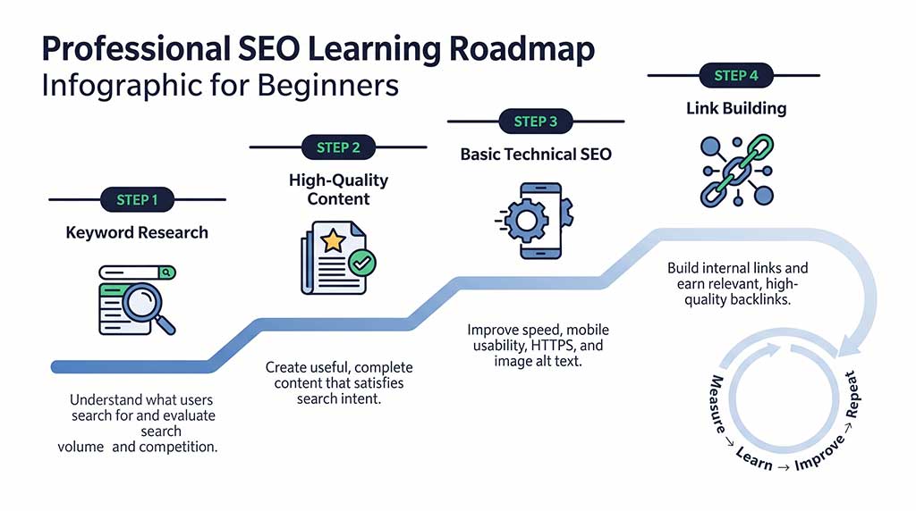 اینفوگرافیک نقشه راه یادگیری سئو در چهار مرحله صعودی: گام اول (Keyword Research)، گام دوم (High-Quality Content)، گام سوم (Basic Technical SEO) و گام چهارم (Link Building) به همراه چرخه اندازه‌گیری و بهبود در انتها.