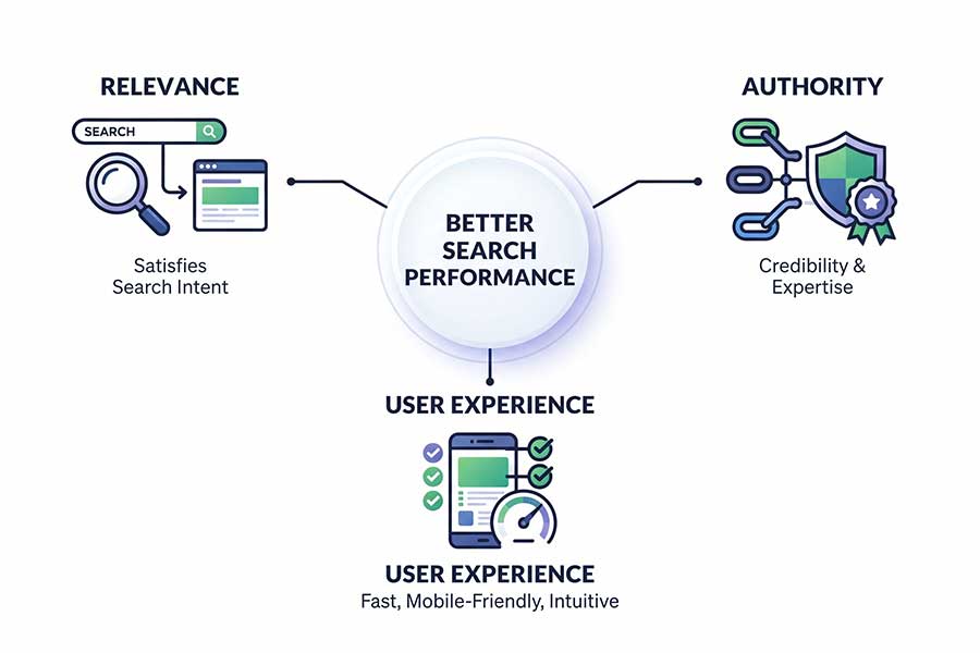 اینفوگرافیک سه ستون اصلی برای بهبود عملکرد جستجو در اطراف عبارت مرکزی "BETTER SEARCH PERFORMANCE": بخش "RELEVANCE" (مرتبط بودن و پوشش نیت جستجو)، بخش "AUTHORITY" (اعتبار و تخصص) و بخش "USER EXPERIENCE" (تجربه کاربری، سرعت و سازگاری با موبایل).