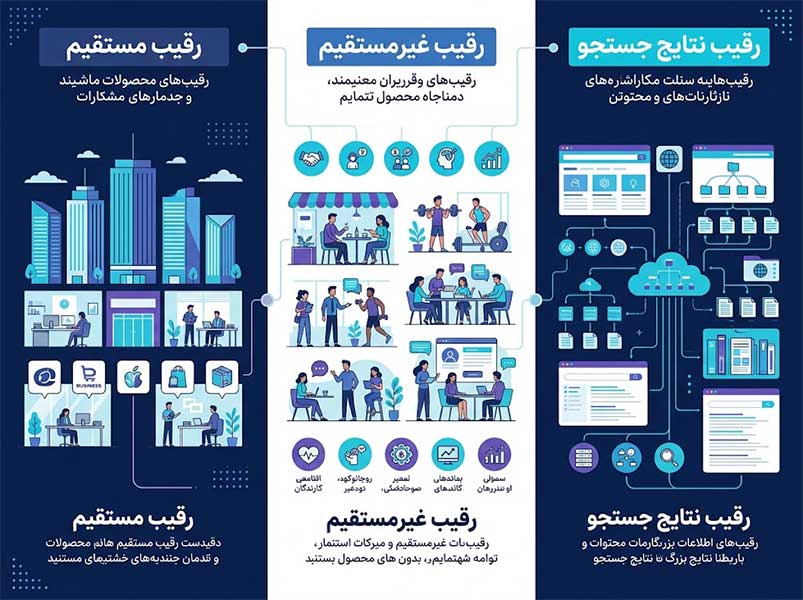 متن جایگزین فارسی: "یک اینفوگرافیک مدرن و حرفه‌ای که سه نوع رقیب سئو (مستقیم، غیرمستقیم، و نتایج جستجو) را با استفاده از تصاویر وکتور و پالت رنگی سرمه‌ای، فیروزه‌ای و بنفش توضیح می‌دهد."